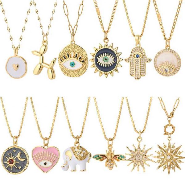 

pendant necklaces heart evil blue eye sun necklace for women cute dog bee elephant gold color woman's collars long stainless steel chai, Silver