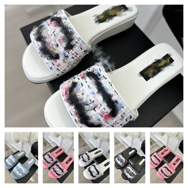 

ladies tweed wedge slippers chan c platform sandal interlocking c women thick bottom slides lambskin mules elegent wedding party shoe flops, Black