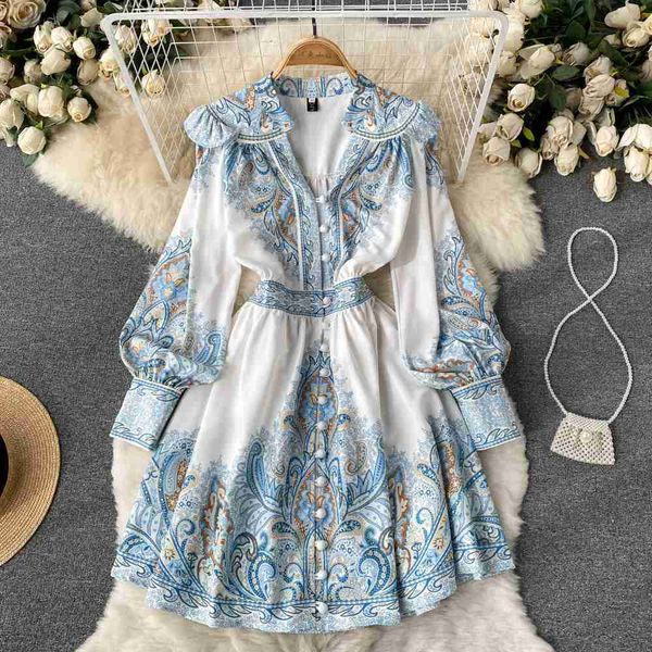 

dresses women casual new fashion spring autumn court retro printing chic v-neck single breasted a-line short dress elegant vestidos 2022, Black;gray