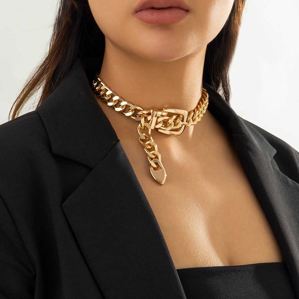 

pendant necklaces punk chunky chain big buckle short choker necklace for women thick cuba link on neck 2023 fashion jewelry collar 230613, Silver