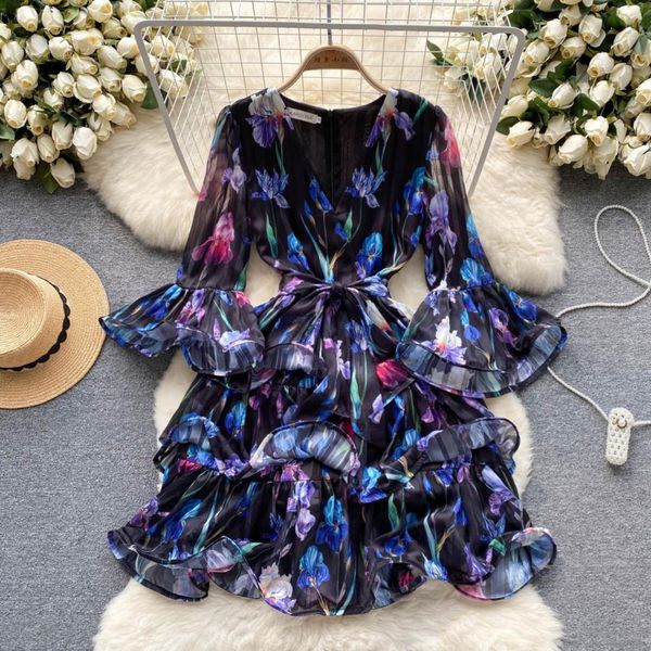 

casual dresses summer runway luxurious tiered ruffles cake mini dress women's deep v-neck floral print vacation holiday party mini vest, Black;gray