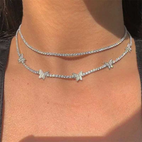 

pendant necklaces ins bling rhinestone butterfly choker for women luxury shine gold silver color crystal tennis chain necklace jewelry 23061