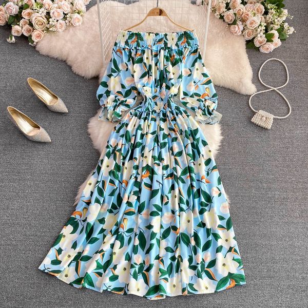 

casual dresses slash neck flower printed chiffon dress women bohemian short sleeve high waist a-line vacation beach vestidos female 2023, Black;gray