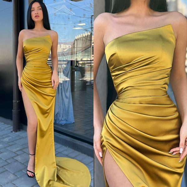 

yellow prom dresses strapless party evening gowns pleats slit semi formal red carpet long special occasion dress, Black