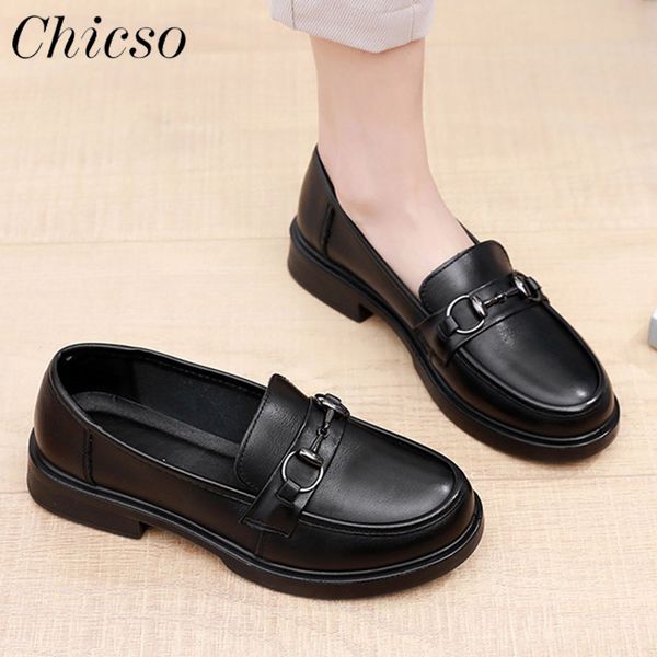 

womens leather shoes 2023 spring new shallow metal chain ladies slip on loafers 35-41 soft non-slip female home office flats, Black