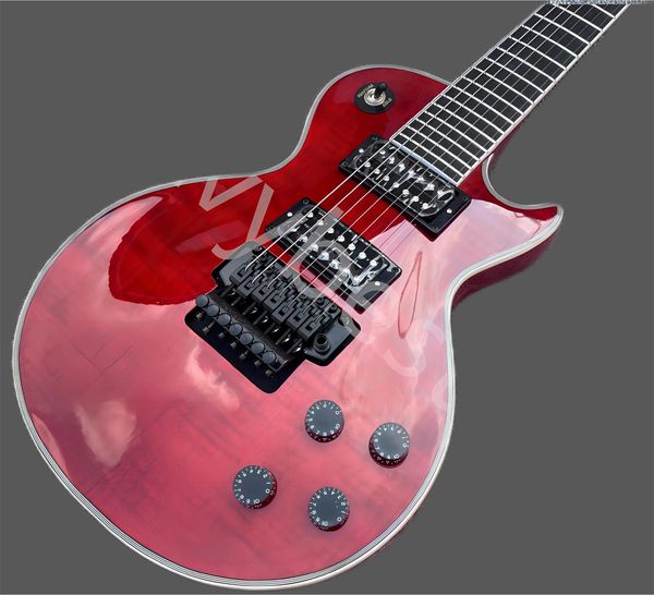 

7-string electric guitar, freudian rose style, tremolo black parts, burgundy, tiger flame ebony fretboard, no inlay