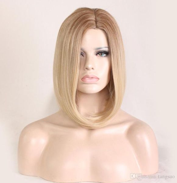 

women medium straight synthetic wig short carve flaxen gold gradient bobo heat resistant cosplay wigs ombre color fake bobo hair c8142718, Black