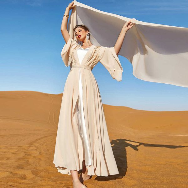 

new beige double layer chiffon fashion travel party outwear long maxi dress club ladies lace dresses for women 2023, White;black