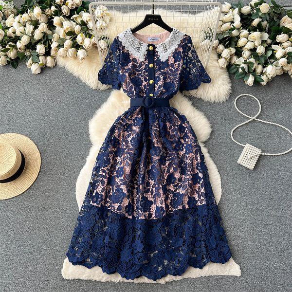 

runway dresses summer mid-length women doll collar hook flower lace dress with belt slim short sleeve green black blue ladies a-line dresses