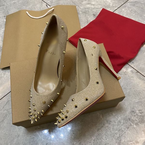

fashion luxury women designer heels red bottom rivet gold matter pointed toe wedding prom evening heel shoes, Black