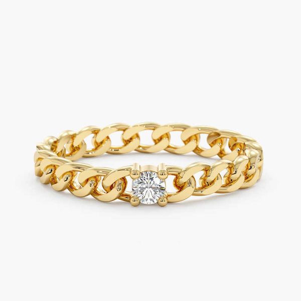 

14k gold cuban chain ring with round moissanite diamond prong setting ring, Silver