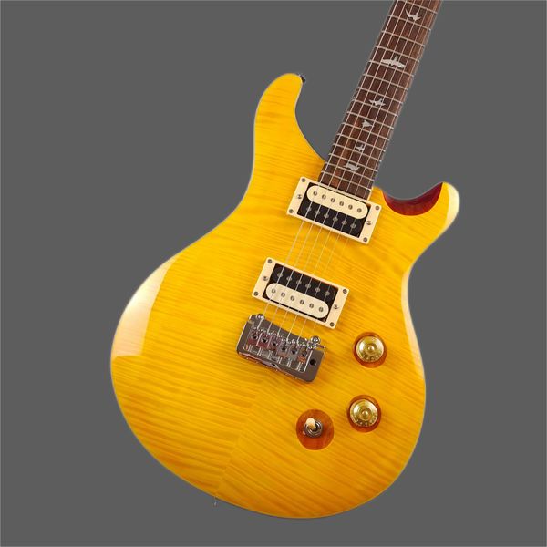 

prs electric guitar, yellow tiger pattern, white pearl bird inlay, silver accessories, trill, quick package