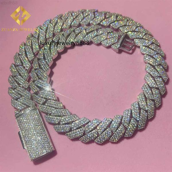 

15mm 3rows iced out moissanite hip hop jewelry 925 sterling silver cuban link chain moissanite necklace men