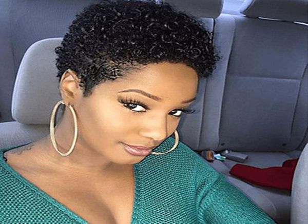 

afro kinky curly none lace front short human hair wigs for black women brazilian full machine made wig6257374, Black;brown