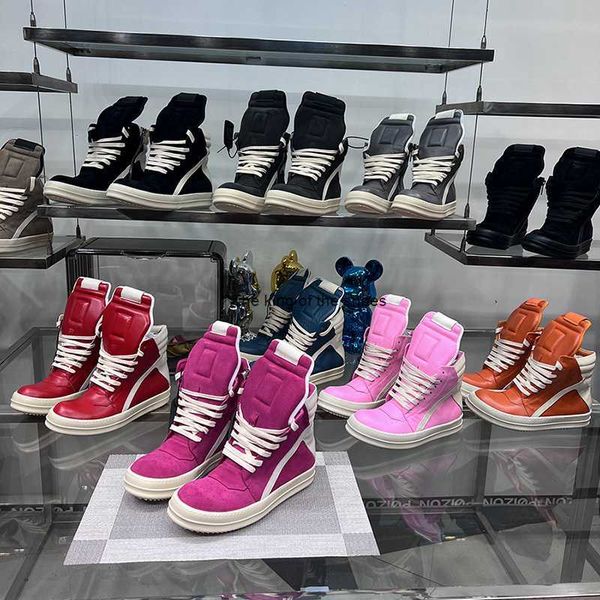 

round owens casual shoes men high leather 2023 new bright pink cow suede lace up zipper thick soled ro geobasket women designer sports sneak, Black