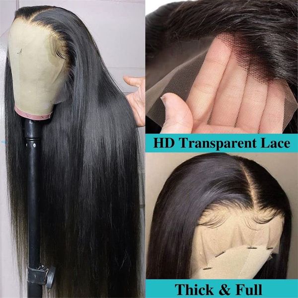 

28 30 inch glueless transparent straight lace frontal human hair wigs for woman pre plucked 180% density natural black, Black;brown