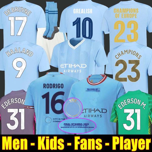 

haaland soccer jersey 23 24 de bruyne mans cities grealish foden 2023 football shirt uniforms men kids kit alvarez fans player final rodrigo, Black;yellow
