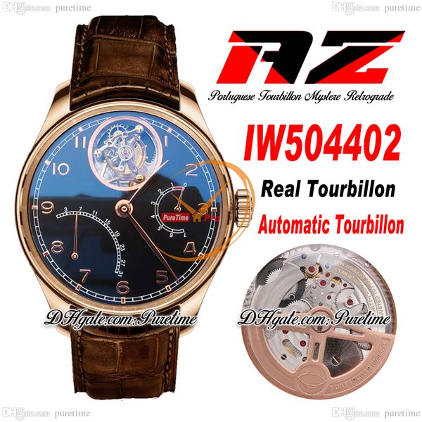 

azf real tourbillon mystere automatic mens watch power reserve iw504402 rose gold black dial number markers brown leather super edition relo, Slivery;brown