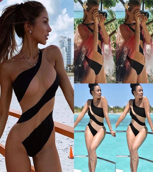 

2019 women one piece bikini pushup padded swimsuit bathing swimwear beach monokini stripe skinny one shoulder7345869