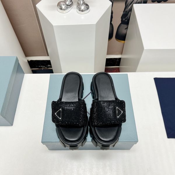 

crystal embellished satin sandals women soft padded nappa slippers triangle logo slide slip on flat mule rhinestone diamond sliders low heel, Black