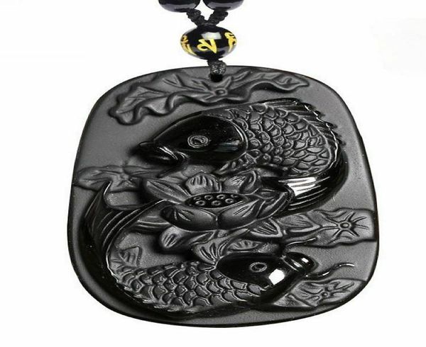 

natural obsidian pisces lotus fish koi necklace amulet pendant with bead chain9733360, Silver