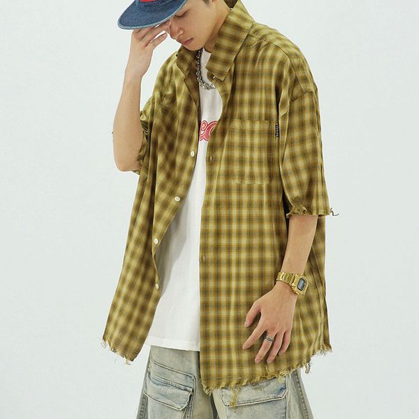 

summer plaid hawaiian shirts men's short sleeve oversized loose shirt, White;black