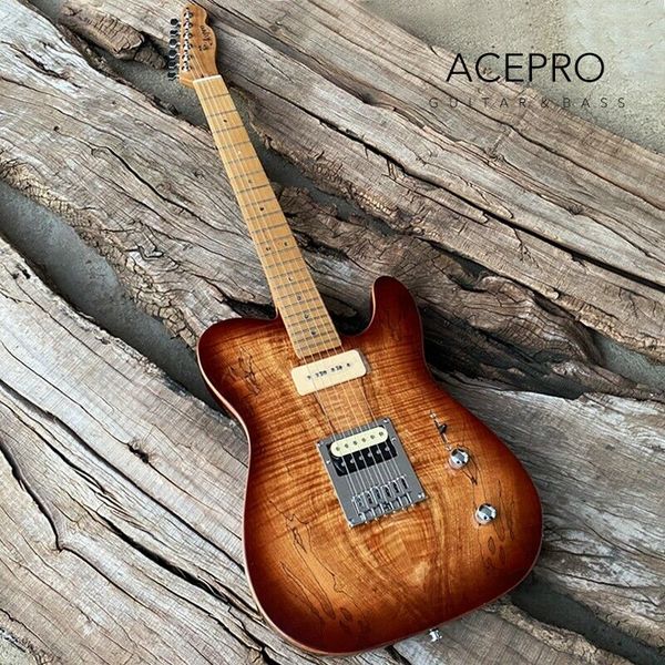 

acepro brown burst electric guitar roasted maple neck 2-piece mahogany & spalted maple abalone dots inlays chrome hardware