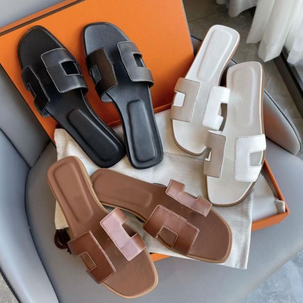

designer h sandals ladies summer casual fashion luxury classic flat leather solid color home beach slippers 35-43, Black