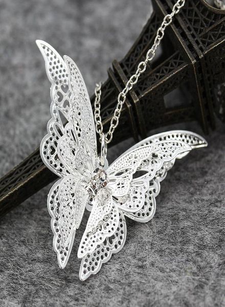 

women lady girl 925 sterling silver plated hollow butterfly necklace rhinestones pendant fashion jewelry flying wings butterfly ps3089047