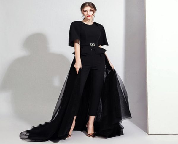 

jumpsuit evening dresses with overskirt pants arabic dubai half sleeves backless formal gown ankle length prom outfit4233642, Black;red
