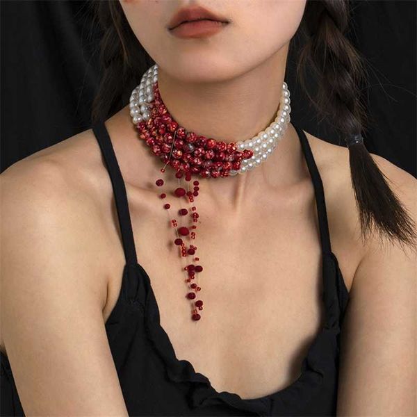 

beaded necklaces lacteo multilayer imitation pearl necklace choker for women jewelry acrylic red beads tassel short neck chain collar party, Silver