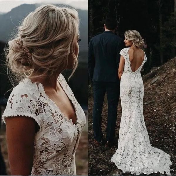 

rustic country lace mermaid wedding dresses v neck cap sleeves boho garden bridal gowns open back sweep train trupet brides robes de mariee, White