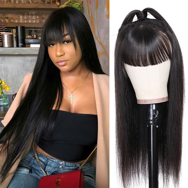 

new product 26 inch peruvian straight bangs wig 180% remy straight human hair bangs wig women full machine made human hair dyeable, Black;brown