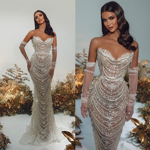 

elegant lace mermaid wedding dress luxurious strapless beading pearls saudi arabic floor length bridal gown, White