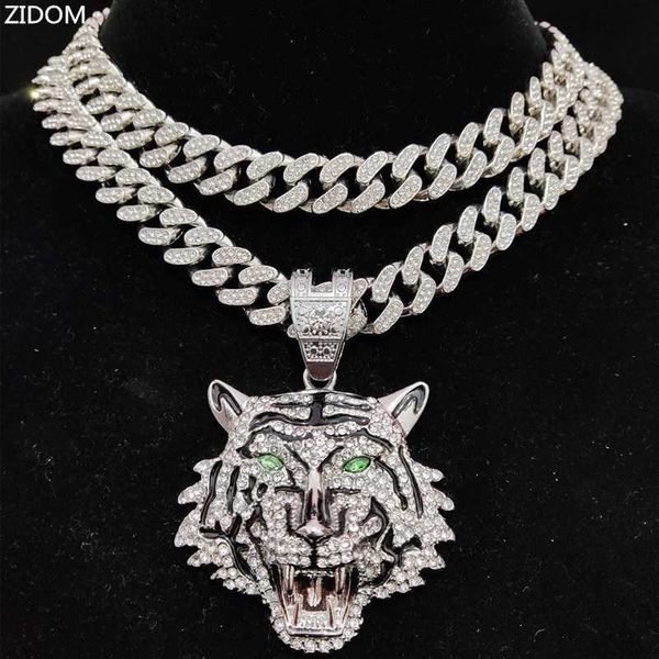 

pendant necklaces men women hip hop tiger necklace with 13mm crystal cuban chain hiphop iced out bling fashion charm jewelry 230613, Silver