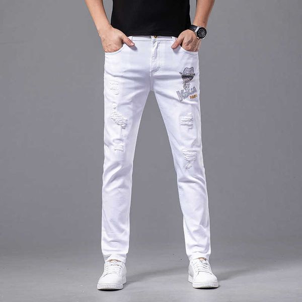 

ordinary cotton youth denim white casual micro elastic pants medium waist, Blue