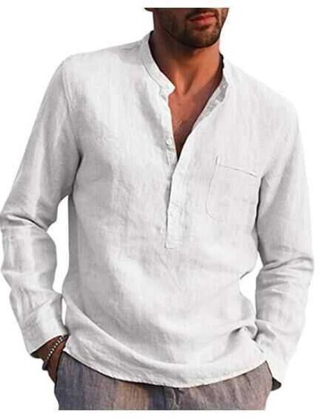 

2020 men's long sleeve v-neck casual beach linen shirt men's wear, White;black