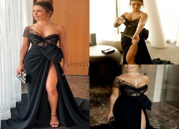

black mermaid evening dresses one shoulder thighhigh slits sweep train big bow draped illusion beads long formal women prom party9593893, Black;red