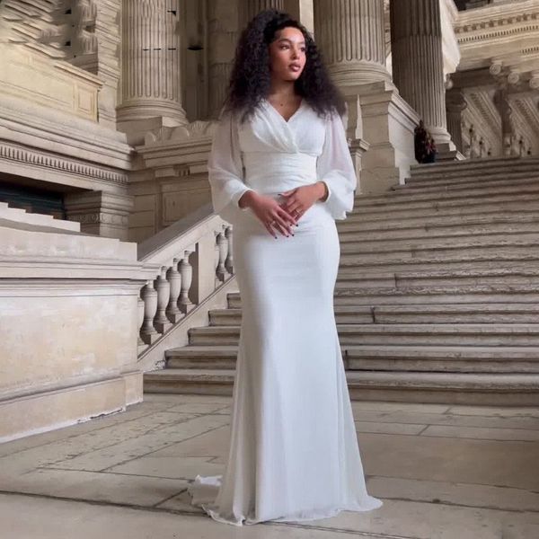 

2023 white mermaid chiffon evening dresses plus size high waist puff sleeve prom formal party robe de soiree, Black;red