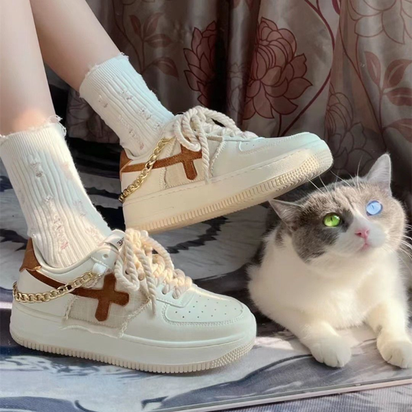 

y2k white sneakers women platform breathable cross patch chain designer shoes vulcanized lace-up non-slip female footwear, Black