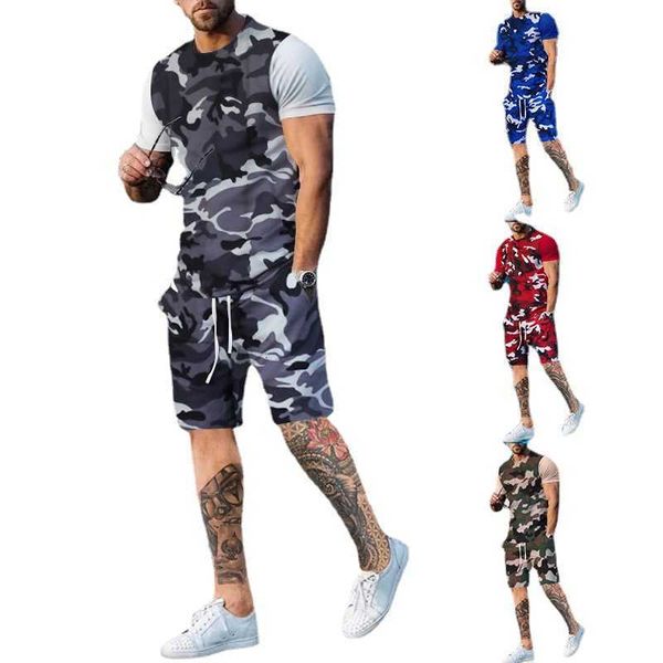 

2023 men's summer new sports short sleeve t-shirt running training camo two piece set for men, White;black