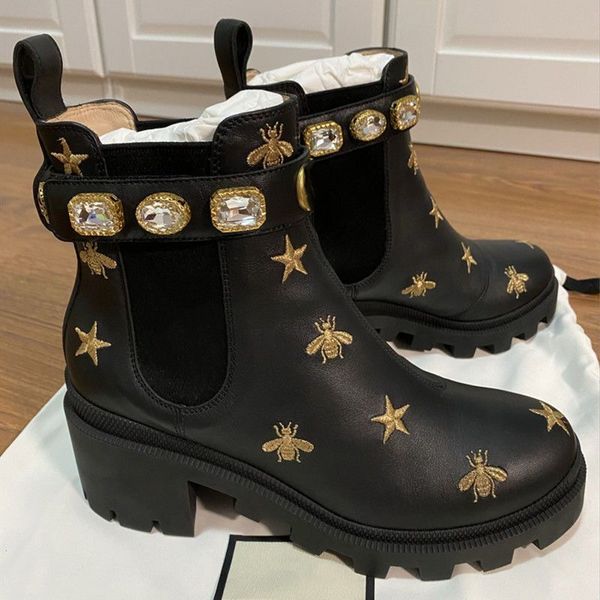 

short boots bee cowhide belt metal women shoes classic thick heels leather designer shoe high heeled fashion diamond lady boot large size 35, Black