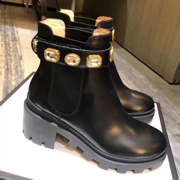 

short boots bee cowhide belt metal women shoes classic thick heels leather designer shoe high heeled fashion diamond lady boot large size 35, Black