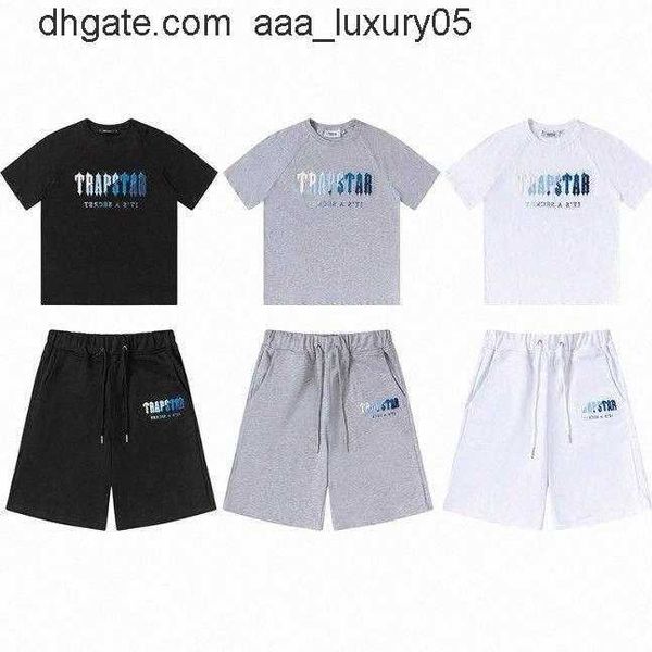 

mens trapstar embroidered t shirts short sleeve outfit chenille tracksuit black cotton london short-sleeved tshirts shorts five-point pants, White;black
