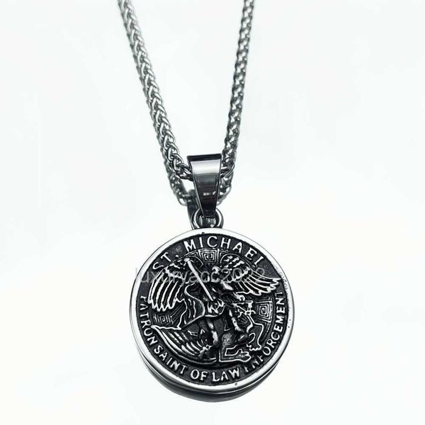 

saint michael archangel lucky coin necklace style hip hop personality trendy men and women titanium steel pendant jewelry, Silver