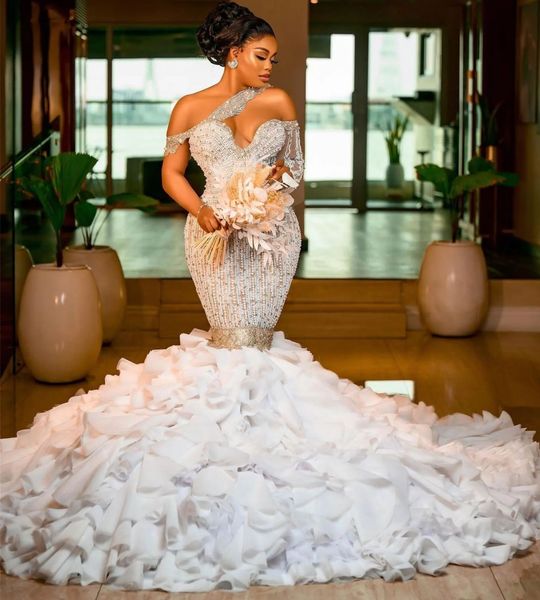 

mermaid wedding dress 2023 tailored beads one shoulder crystal ruffles organza bridal dresses bride gown princess customed vestido de novia, White