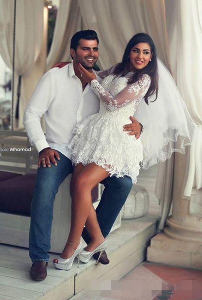 

lace short mini wedding dresses beach lace long sleeve sheer back aline saudi arabia short bridal gowns for party dresses 235042276, White