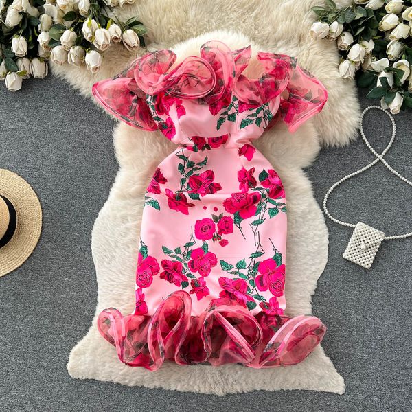 

casual dresses summer 3d floral paneled mesh wrap hip dress women's new fashion slash neck print thin party clothes vestidos de mujer 2, Black;gray