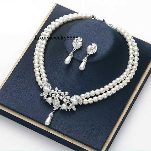 

designer jewelry jewelry double layer pearl necklace earrings two piece bridal dress accessories jewelry set, Silver