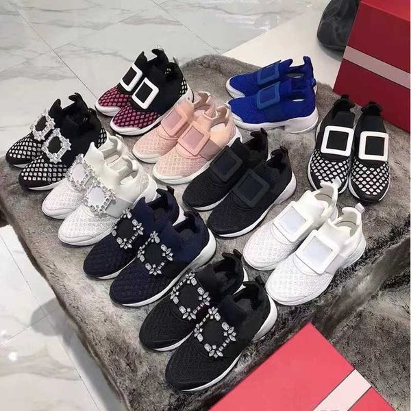 

designer casual shoes roger vivier luxury quality women's mesh cloth breathable comfortable soft sneakers rhinestones sparkling shoes n, Black